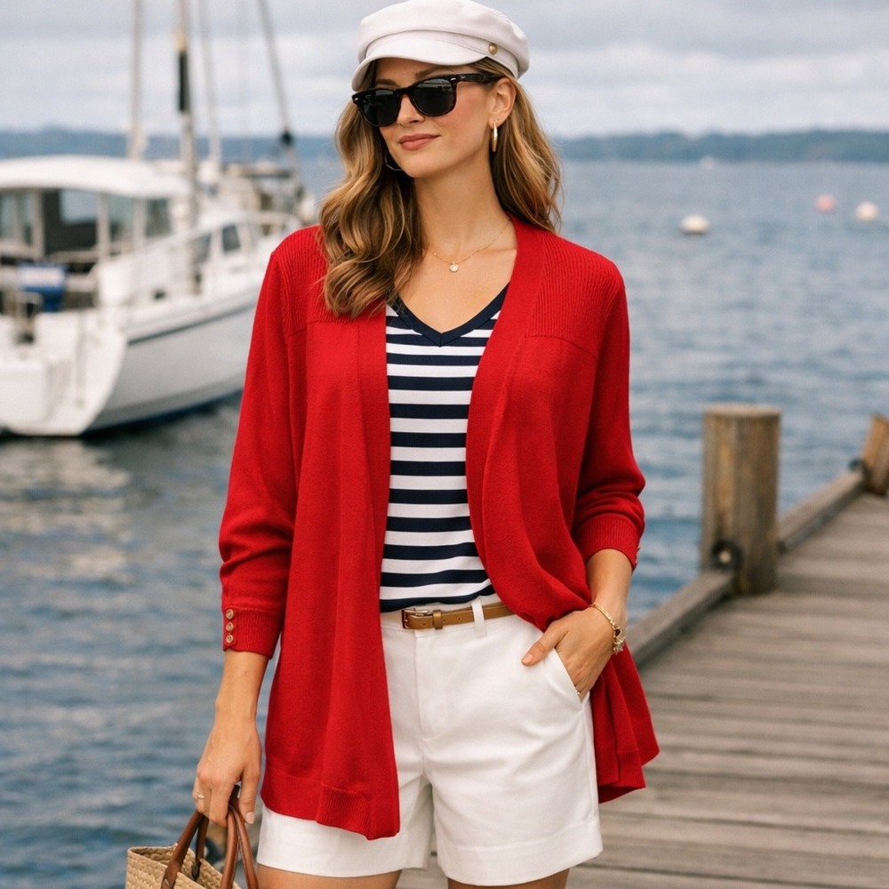 Karen Scott Red Open Front Cardigan Sweater Long Sleeve Ribbed Knit Size‎ M/L